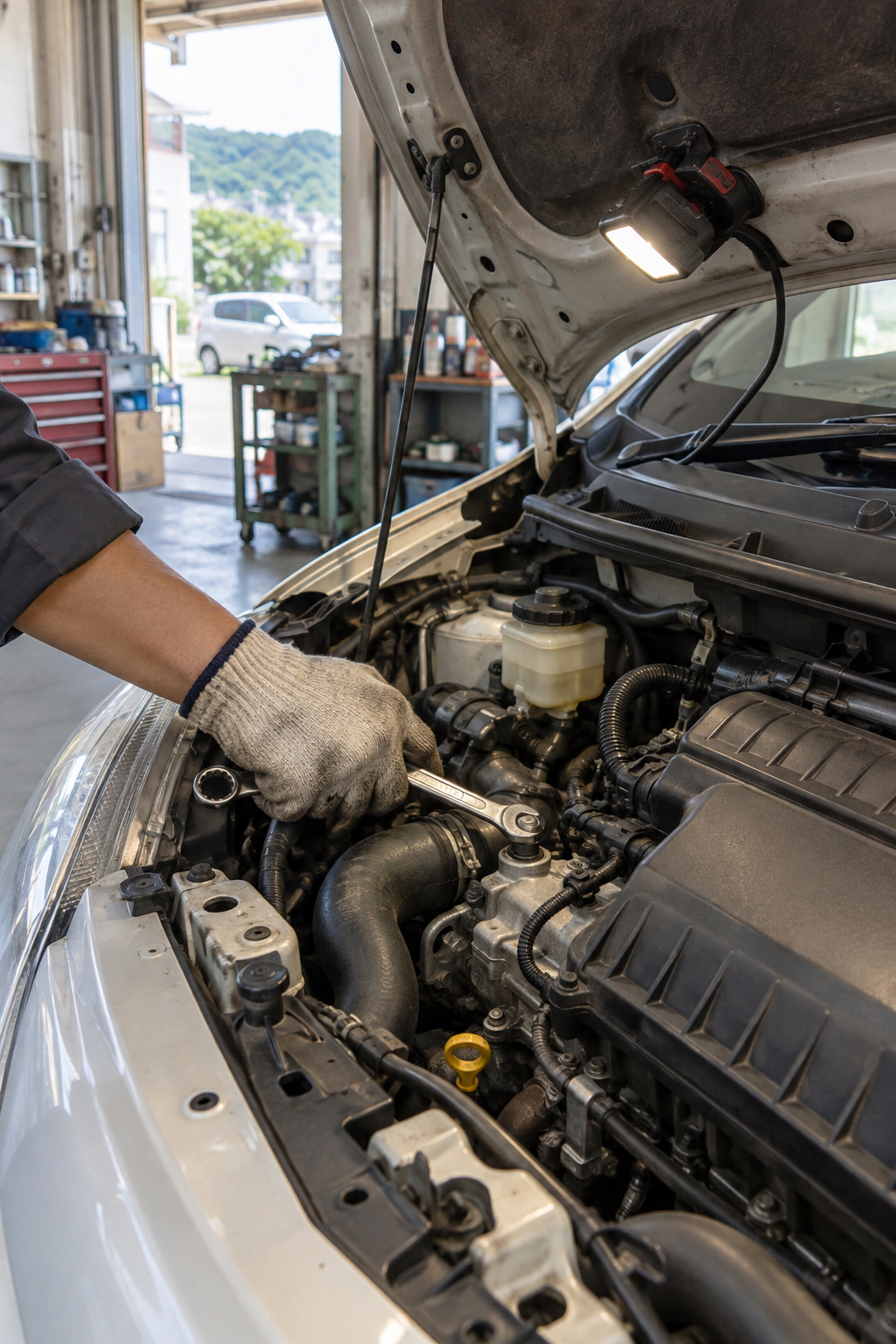 Sample image: a mechanic working in an engine bay
