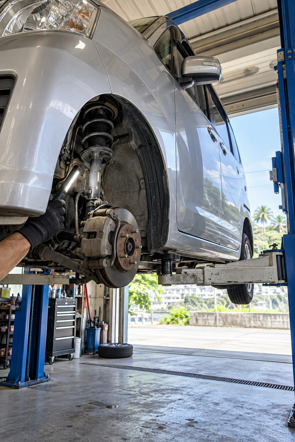 Sample image: a car on a lift during an inspection